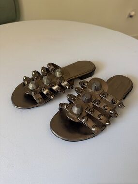 Balenciaga Pewter Studded Strappy Slide Sandals